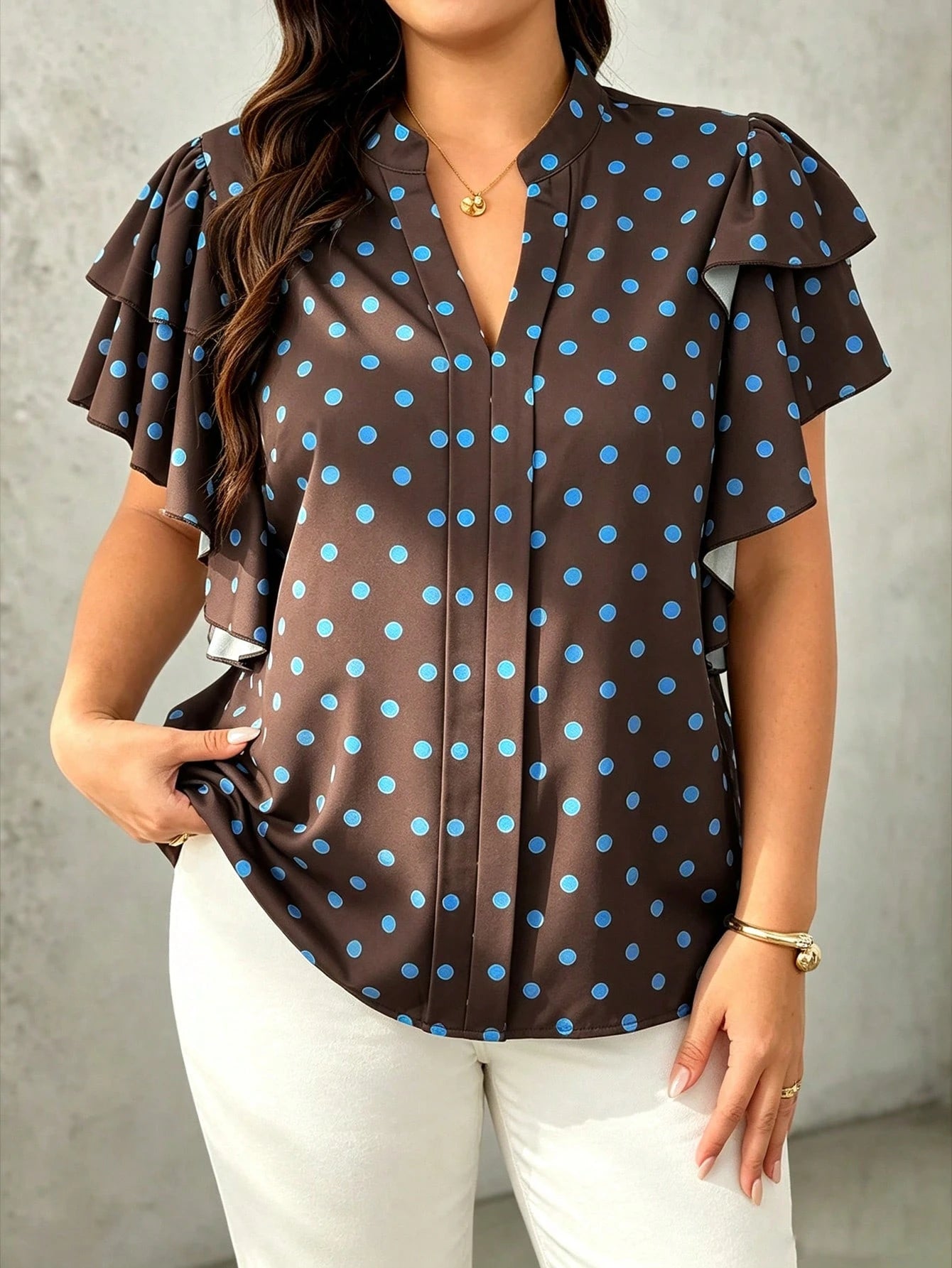 EMERY ROSE Plus Size Women's V-Neck Polka Dot Casual Versatile Daily Wear Blouse