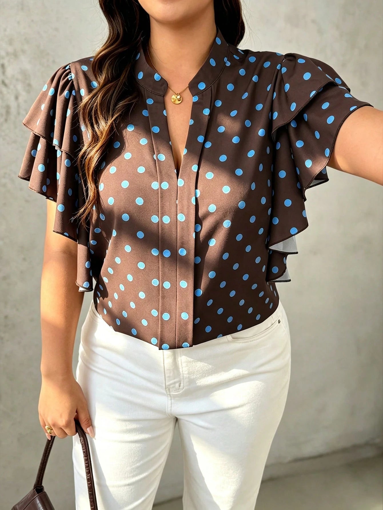 EMERY ROSE Plus Size Women's V-Neck Polka Dot Casual Versatile Daily Wear Blouse
