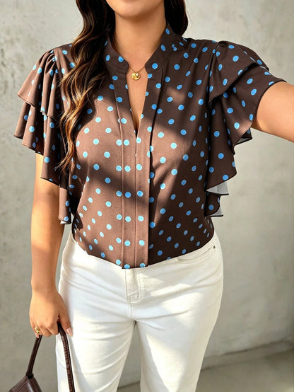 EMERY ROSE Plus Size Women's V-Neck Polka Dot Casual Versatile Daily Wear Blouse