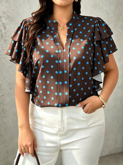 EMERY ROSE Plus Size Women's V-Neck Polka Dot Casual Versatile Daily Wear Blouse