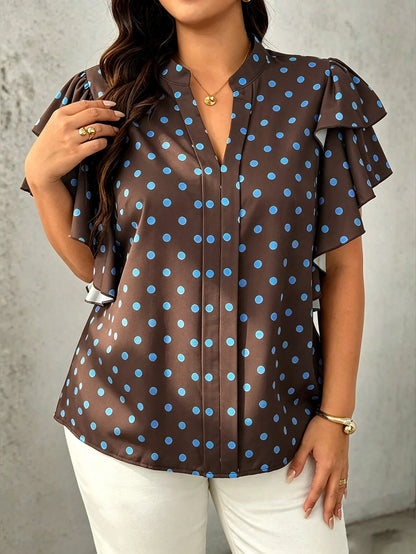 EMERY ROSE Plus Size Women's V-Neck Polka Dot Casual Versatile Daily Wear Blouse