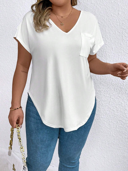 EMERY ROSE Plus Size Women's V-Neck T-Shirt With Curve Hem