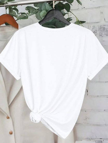 EMERY ROSE Plus Size Women Solid White Disco Cherry Graphic Print Crew Neck Short Sleeve Lightweight T‑Shirt Summer Lightweight Going Out Casual Basic Tee Top