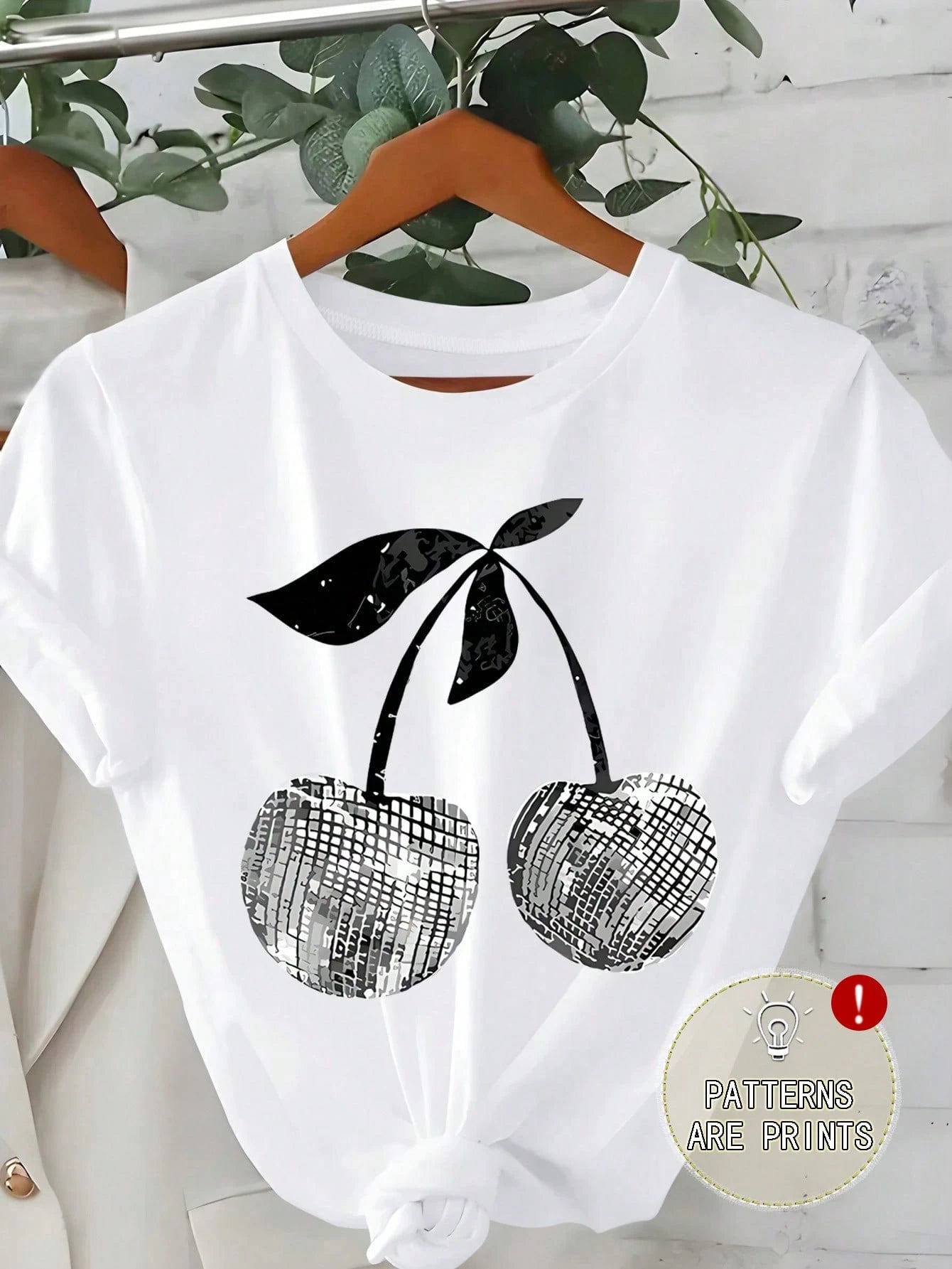 EMERY ROSE Plus Size Women Solid White Disco Cherry Graphic Print Crew Neck Short Sleeve Lightweight T‑Shirt Summer Lightweight Going Out Casual Basic Tee Top