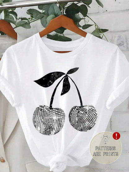 EMERY ROSE Plus Size Women Solid White Disco Cherry Graphic Print Crew Neck Short Sleeve Lightweight T‑Shirt Summer Lightweight Going Out Casual Basic Tee Top