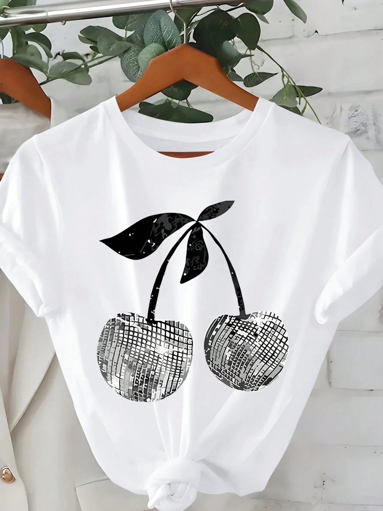 EMERY ROSE Plus Size Women Solid White Disco Cherry Graphic Print Crew Neck Short Sleeve Lightweight T‑Shirt Summer Lightweight Going Out Casual Basic Tee Top