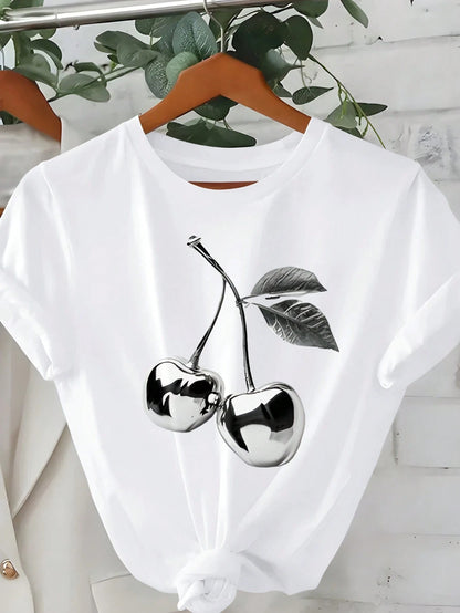 EMERY ROSE Plus Size Women Solid White Disco Cherry Graphic Print Crew Neck Short Sleeve Lightweight T‑Shirt Summer Lightweight Going Out Casual Basic Tee Top