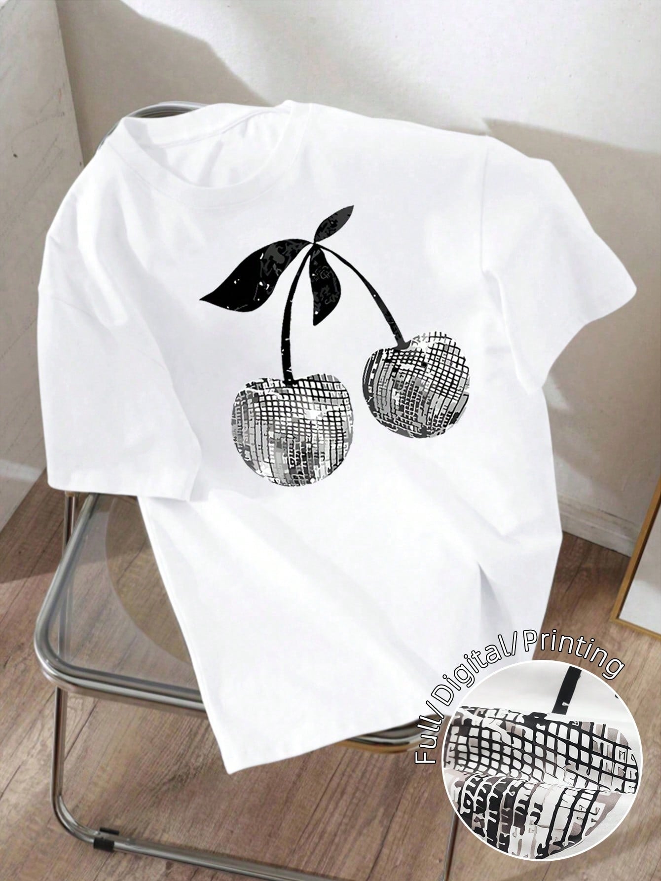 EMERY ROSE Plus Size Women Solid White Disco Cherry Graphic Print Crew Neck Short Sleeve Lightweight T‑Shirt Summer Lightweight Going Out Casual Basic Tee Top