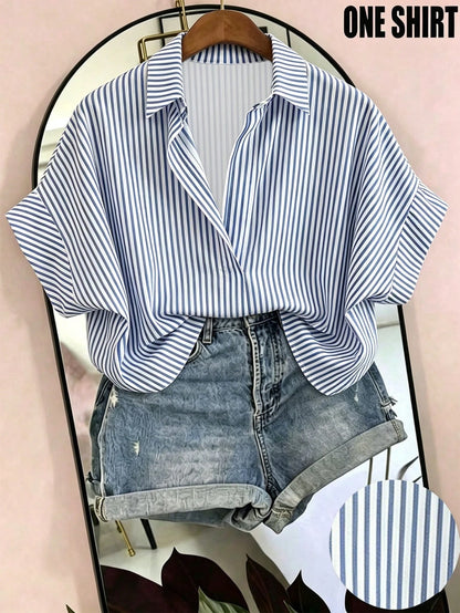 EMERY ROSE Plus Size Women Striped Batwing Short Sleeve Casual Blouse