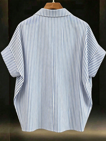 EMERY ROSE Plus Size Women Striped Batwing Short Sleeve Casual Blouse