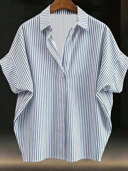 EMERY ROSE Plus Size Women Striped Batwing Short Sleeve Casual Blouse