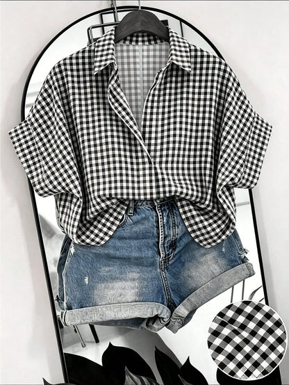 EMERY ROSE Plus Size Women Striped Batwing Short Sleeve Casual Blouse