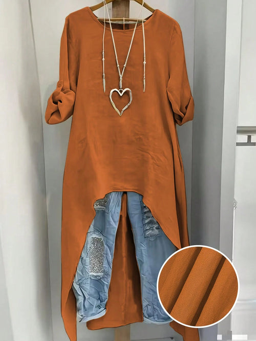 EMERY ROSE Plus Size Women Summer Shirt,Burnt Orange Round Neck Adjustable Long Sleeve Boho Long Shirt,Autumn Vacation Casual Minimalist Resort Wear Fall