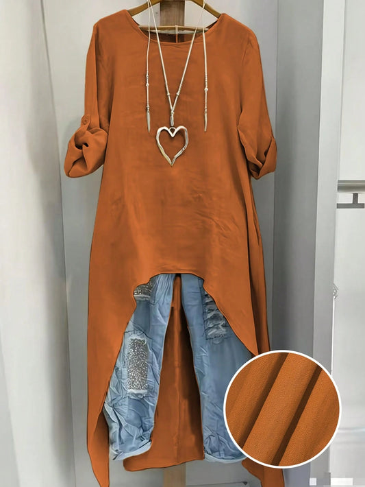 EMERY ROSE Plus Size Women Summer Shirt,Burnt Orange Round Neck Adjustable Long Sleeve Boho Long Shirt,Autumn Vacation Casual Minimalist Resort Wear Fall