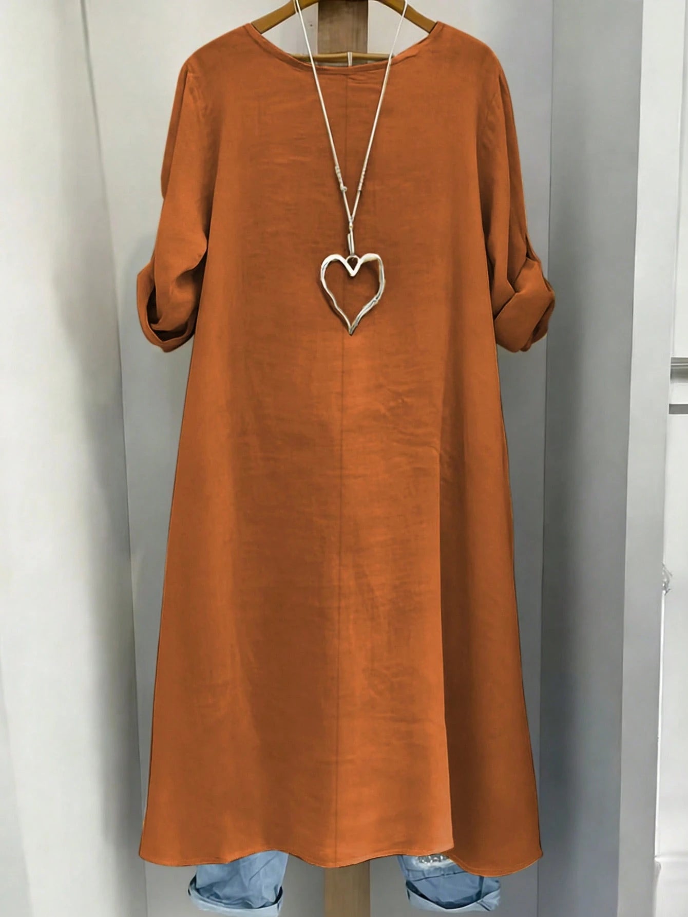 EMERY ROSE Plus Size Women Summer Shirt,Burnt Orange Round Neck Adjustable Long Sleeve Boho Long Shirt,Autumn Vacation Casual Minimalist Resort Wear Fall