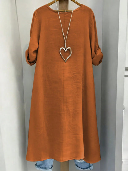 EMERY ROSE Plus Size Women Summer Shirt,Burnt Orange Round Neck Adjustable Long Sleeve Boho Long Shirt,Autumn Vacation Casual Minimalist Resort Wear Fall