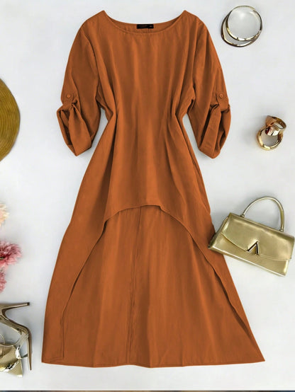 EMERY ROSE Plus Size Women Summer Shirt,Burnt Orange Round Neck Adjustable Long Sleeve Boho Long Shirt,Autumn Vacation Casual Minimalist Resort Wear Fall