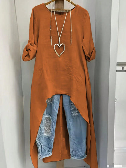 EMERY ROSE Plus Size Women Summer Shirt,Burnt Orange Round Neck Adjustable Long Sleeve Boho Long Shirt,Autumn Vacation Casual Minimalist Resort Wear Fall