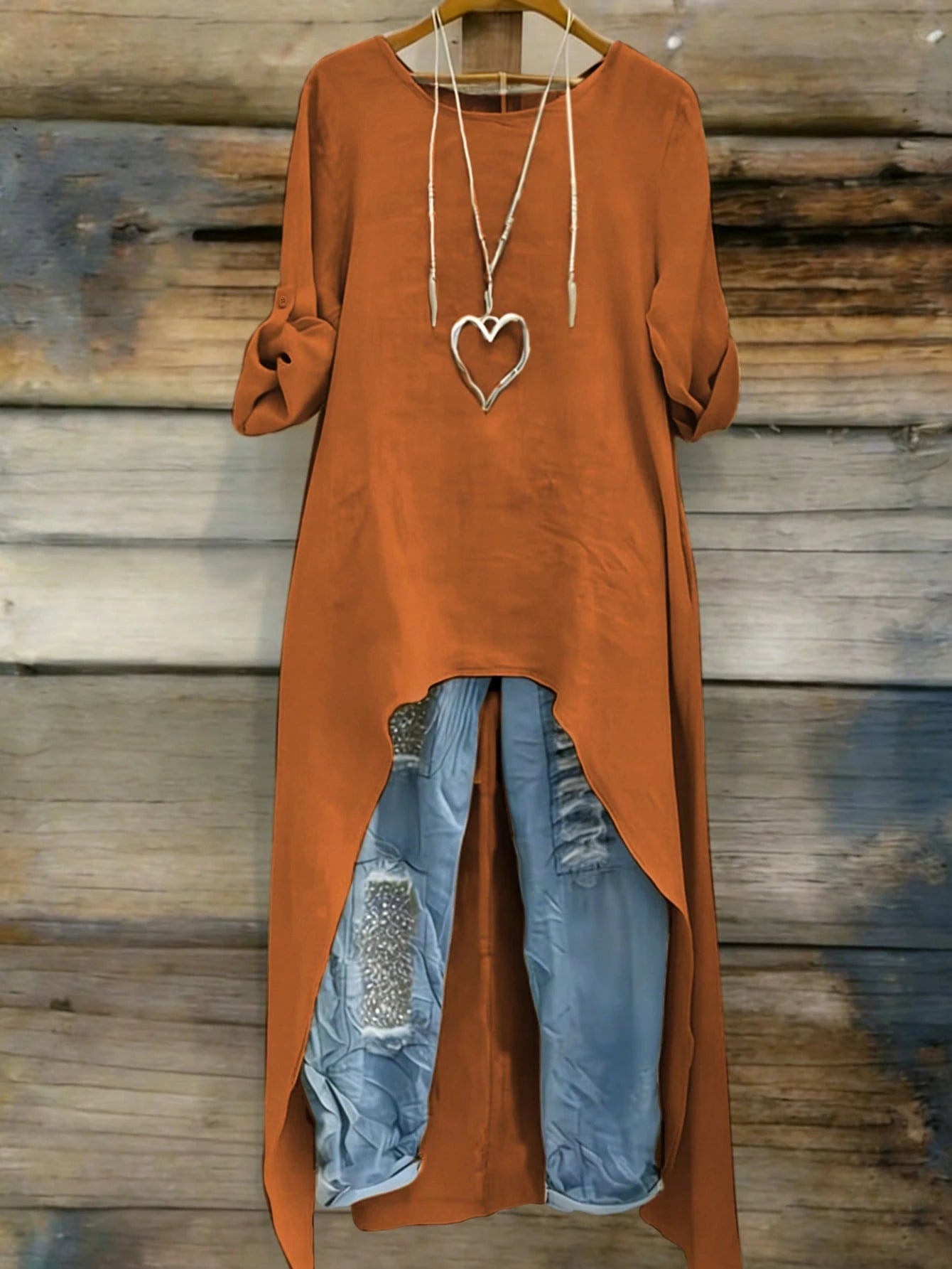 EMERY ROSE Plus Size Women Summer Shirt,Burnt Orange Round Neck Adjustable Long Sleeve Boho Long Shirt,Autumn Vacation Casual Minimalist Resort Wear Fall