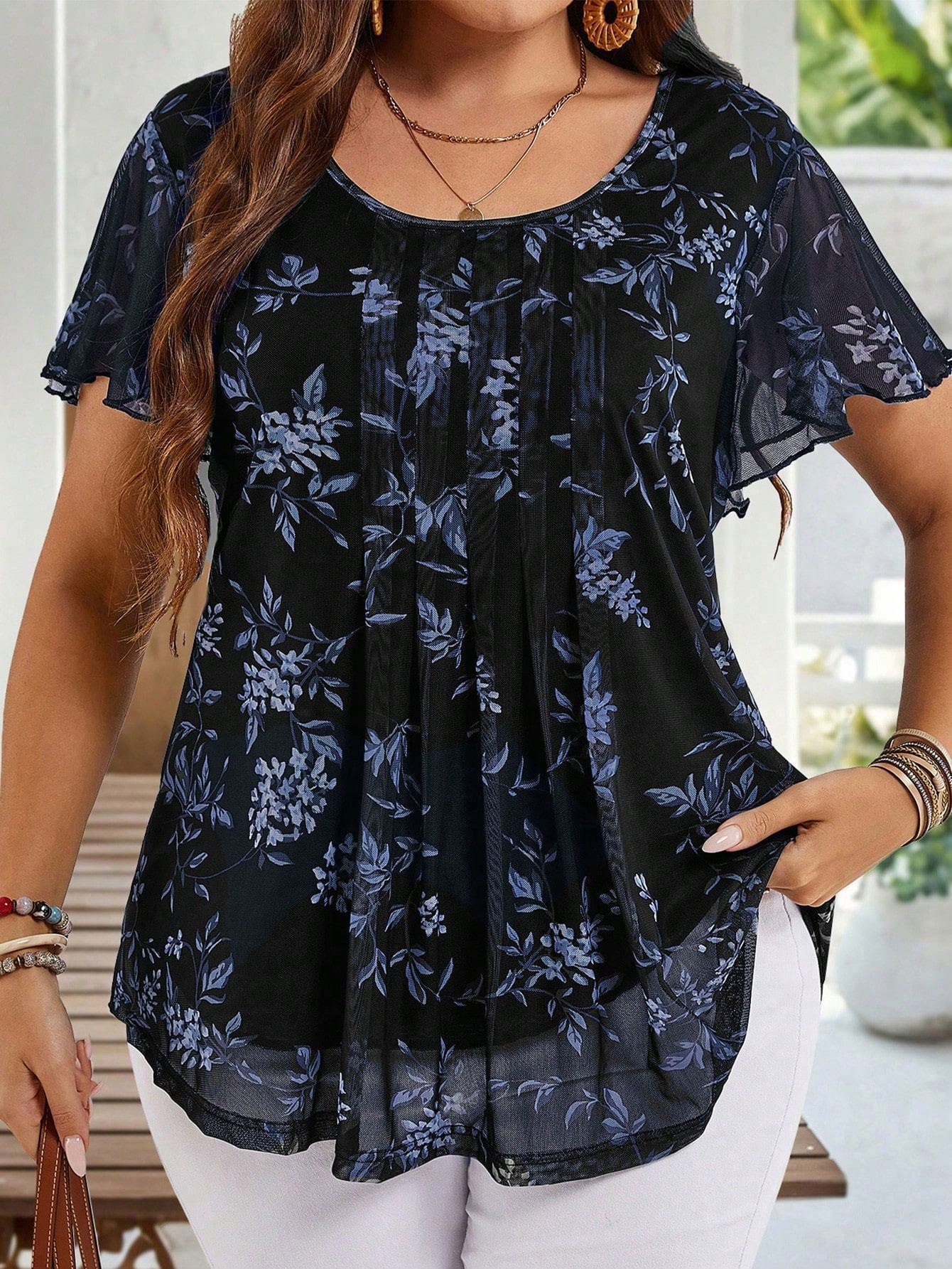 EMERY ROSE Plus Size Women Summer Short Sleeve Floral Print Tunic Blouse, Indigo Blue For Holiday, Vacation Simple And Fashionable Everyday Wear, Flower, Spring