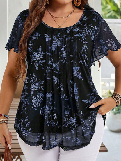 EMERY ROSE Plus Size Women Summer Short Sleeve Floral Print Tunic Blouse, Indigo Blue For Holiday, Vacation Simple And Fashionable Everyday Wear, Flower, Spring