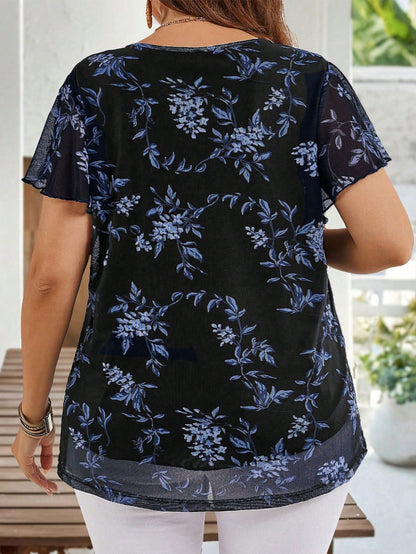 EMERY ROSE Plus Size Women Summer Short Sleeve Floral Print Tunic Blouse, Indigo Blue For Holiday, Vacation Simple And Fashionable Everyday Wear, Flower, Spring