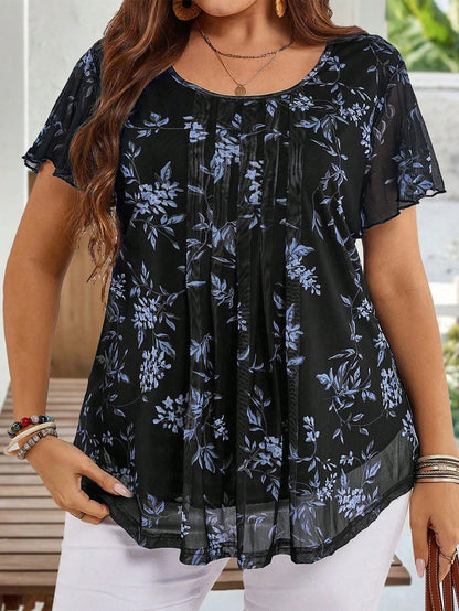 EMERY ROSE Plus Size Women Summer Short Sleeve Floral Print Tunic Blouse, Indigo Blue For Holiday, Vacation Simple And Fashionable Everyday Wear, Flower, Spring