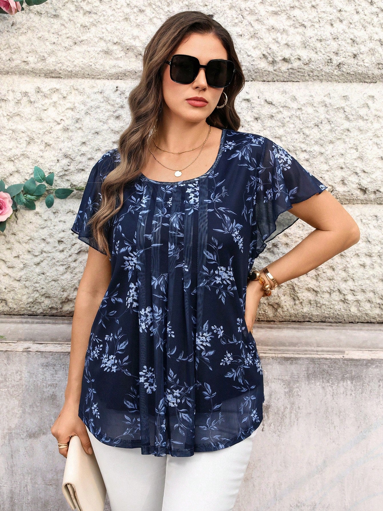 EMERY ROSE Plus Size Women Summer Short Sleeve Floral Print Tunic Blouse, Indigo Blue For Holiday, Vacation Simple And Fashionable Everyday Wear, Flower, Spring