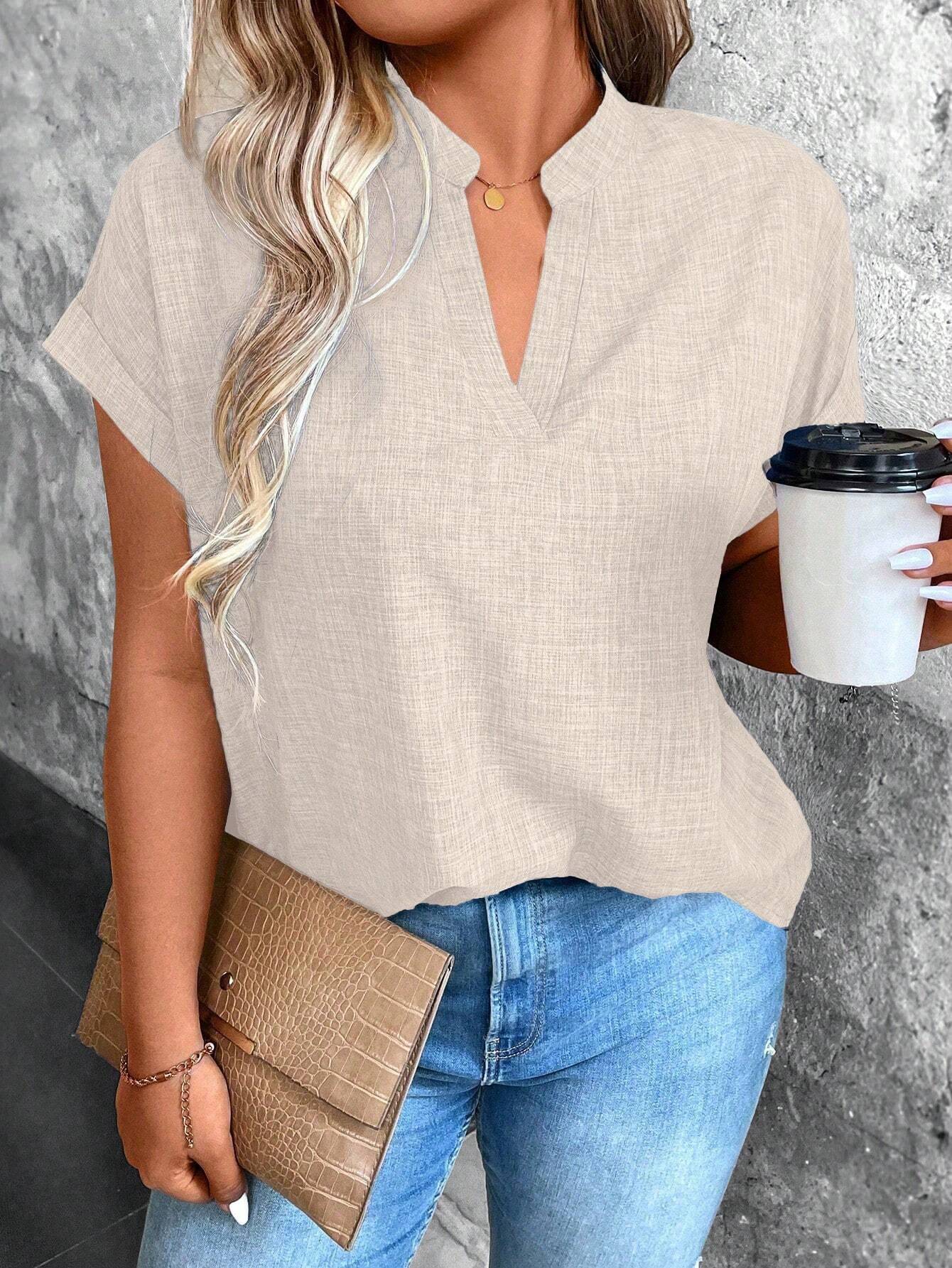 EMERY ROSE Plus Size Women Summer Solid Color Notch V-Neck Bat Short Sleeve Loose Shirt