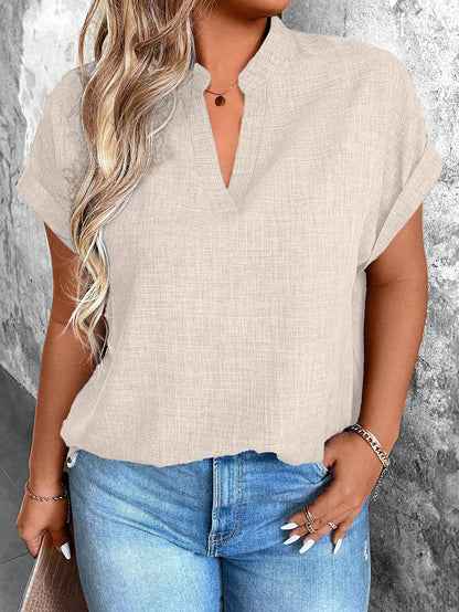 EMERY ROSE Plus Size Women Summer Solid Color Notch V-Neck Bat Short Sleeve Loose Shirt