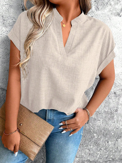 EMERY ROSE Plus Size Women Summer Solid Color Notch V-Neck Bat Short Sleeve Loose Shirt