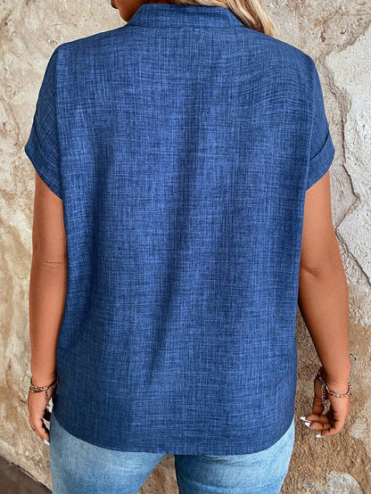EMERY ROSE Plus Size Women Summer Solid Color Notch V-Neck Bat Short Sleeve Loose Shirt