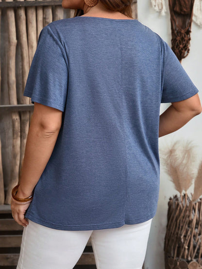 EMERY ROSE Plus Size Women Summer Solid Color Notched V-Neck Short Sleeve Casual T-Shirt
