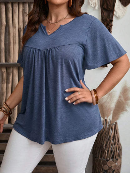 EMERY ROSE Plus Size Women Summer Solid Color Notched V-Neck Short Sleeve Casual T-Shirt