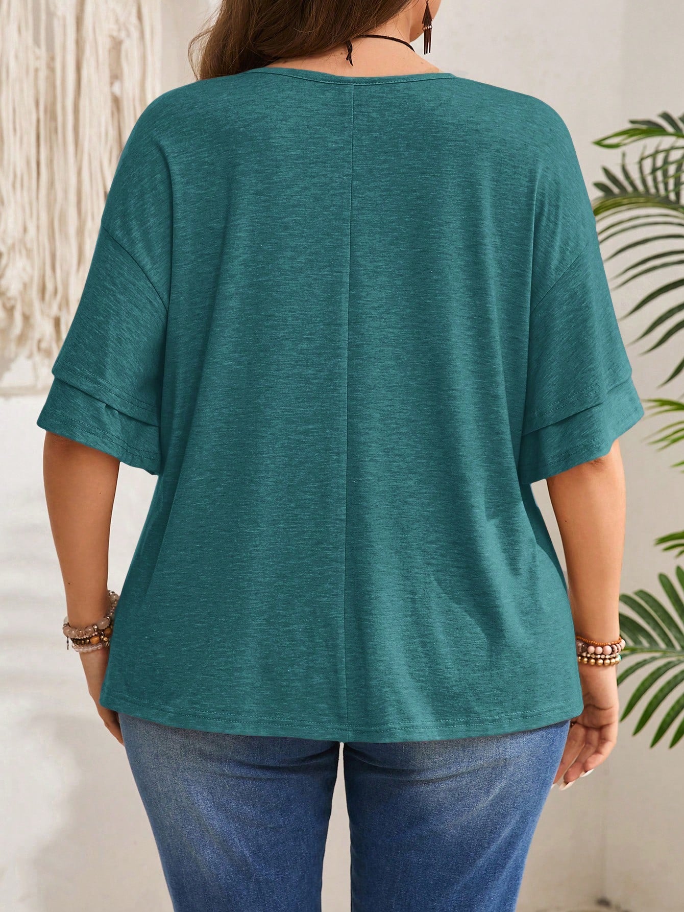 EMERY ROSE Plus Size Women V-Neck Leopard Print Casual Minimalist Short Sleeve T-Shirt, Suitable For Summer Leopard Print Blouse Casual Elegant Blouse