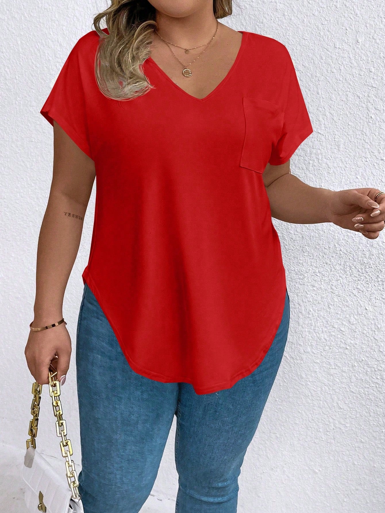 EMERY ROSE Plus Size Women V-Neck Short Sleeve Pocket Casual T-Shirt