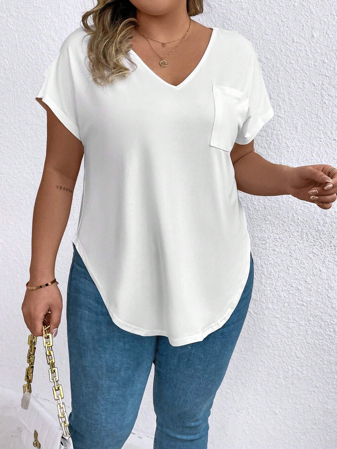 EMERY ROSE Plus Size Women V-Neck Short Sleeve Pocket Casual T-Shirt