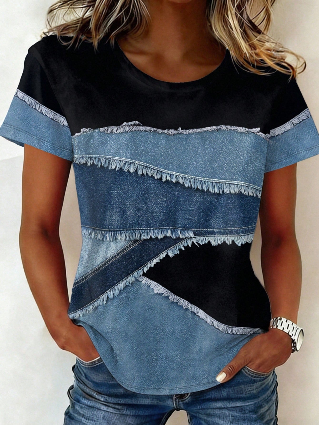 EMERY ROSE Printed & Patchwork Pattern Casual Round Neck Short Sleeve T-Shirt, Plus Size, Spring/Summer