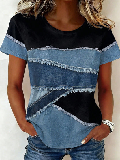 EMERY ROSE Printed & Patchwork Pattern Casual Round Neck Short Sleeve T-Shirt, Plus Size, Spring/Summer