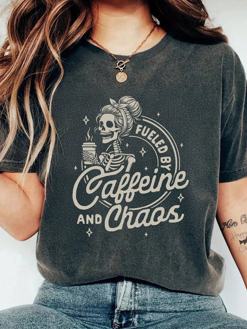 EMERY ROSE Skull Drinking Coffee Graphic Letter Slogan Round Neck Short Sleeve Plus Size T-Shirt