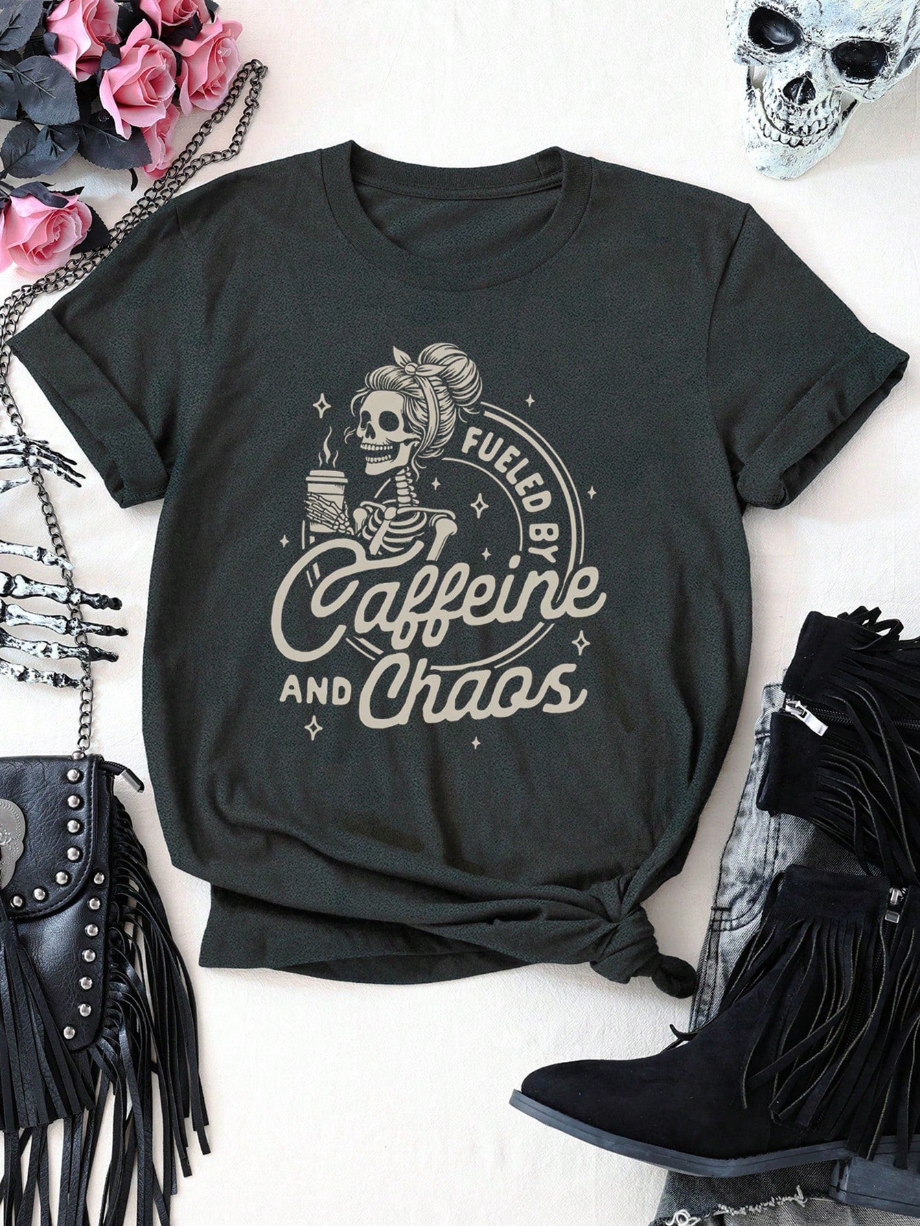 EMERY ROSE Skull Drinking Coffee Graphic Letter Slogan Round Neck Short Sleeve Plus Size T-Shirt