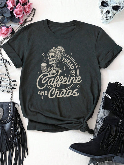 EMERY ROSE Skull Drinking Coffee Graphic Letter Slogan Round Neck Short Sleeve Plus Size T-Shirt