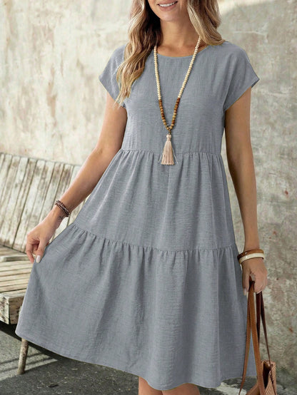 EMERY ROSE Spring/Summer Casual Everyday Outing Faux Linen Green Short Sleeve Round Neck Mid-Length Dress For Women