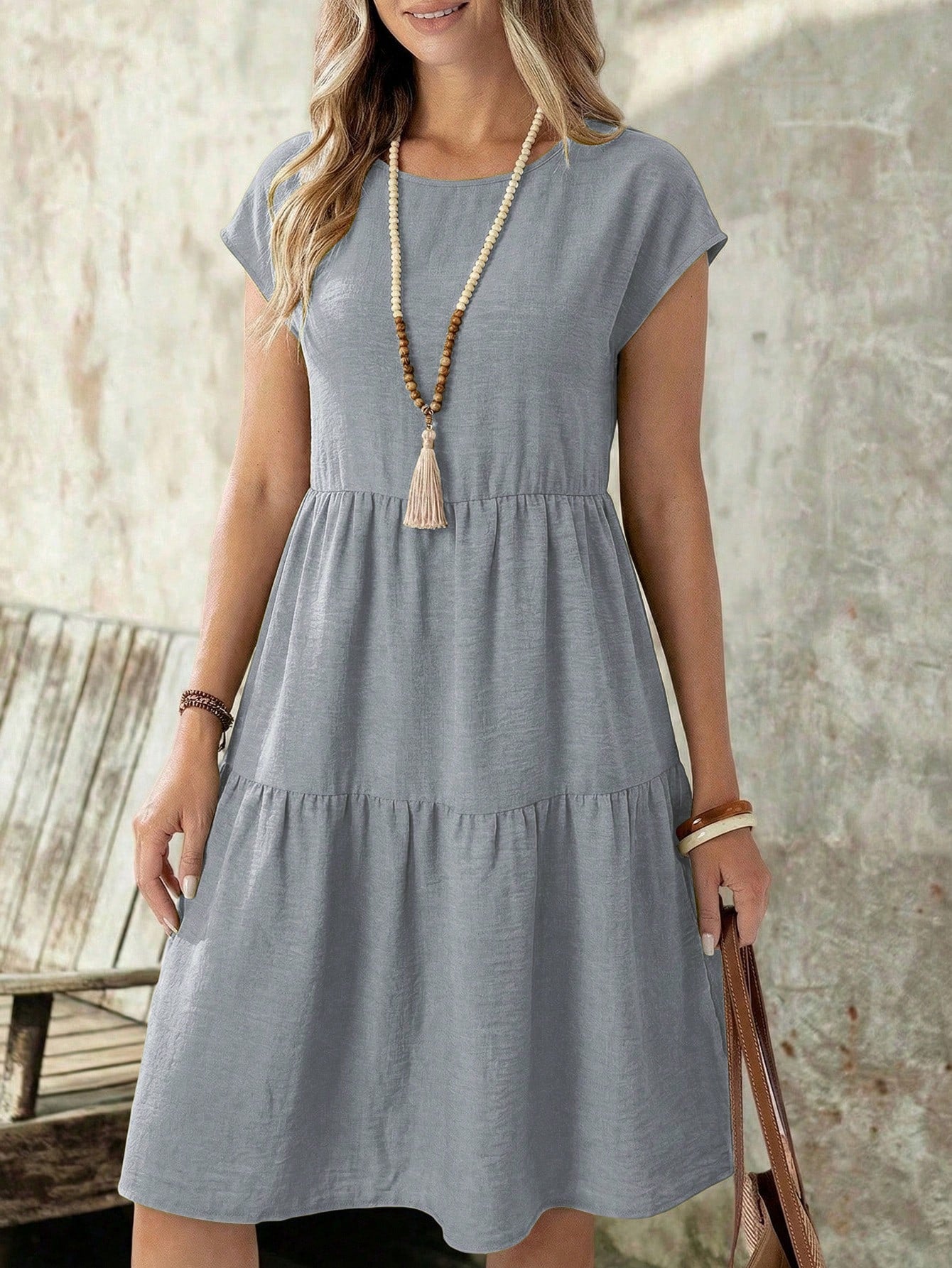 EMERY ROSE Spring/Summer Casual Everyday Outing Faux Linen Green Short Sleeve Round Neck Mid-Length Dress For Women