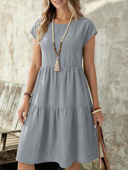 EMERY ROSE Spring/Summer Casual Everyday Outing Faux Linen Green Short Sleeve Round Neck Mid-Length Dress For Women