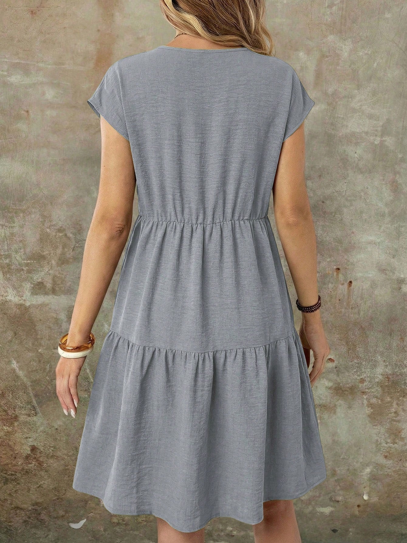 EMERY ROSE Spring/Summer Casual Everyday Outing Faux Linen Green Short Sleeve Round Neck Mid-Length Dress For Women