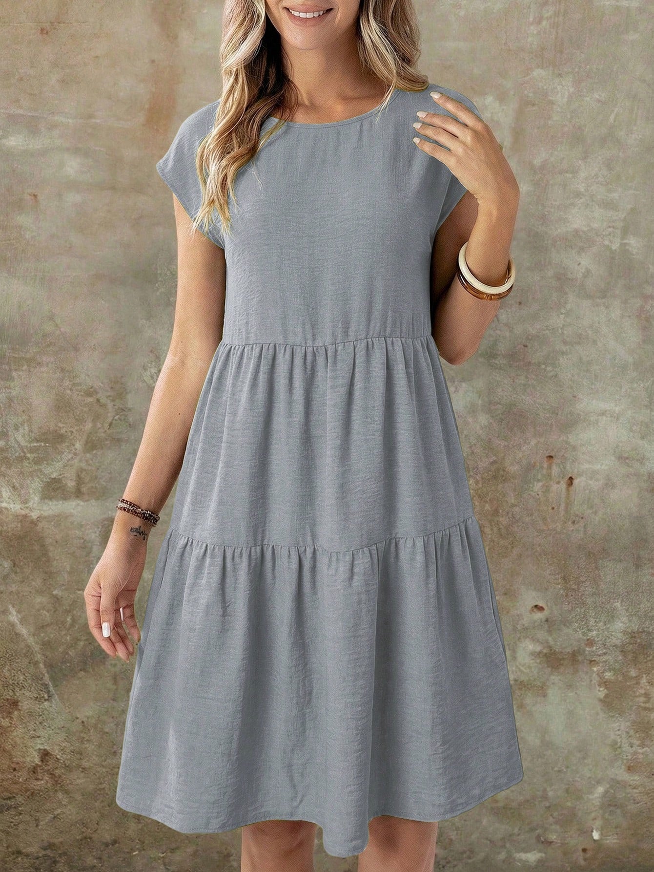 EMERY ROSE Spring/Summer Casual Everyday Outing Faux Linen Green Short Sleeve Round Neck Mid-Length Dress For Women