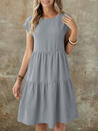 EMERY ROSE Spring/Summer Casual Everyday Outing Faux Linen Green Short Sleeve Round Neck Mid-Length Dress For Women
