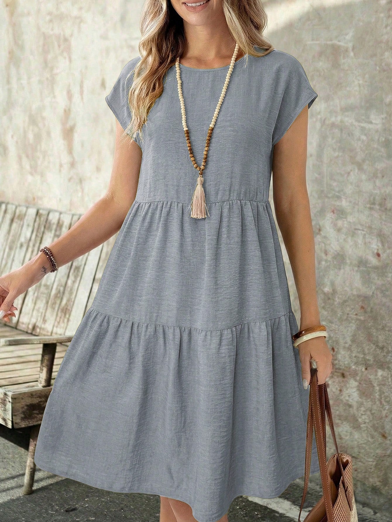 EMERY ROSE Spring/Summer Casual Everyday Outing Faux Linen Green Short Sleeve Round Neck Mid-Length Dress For Women