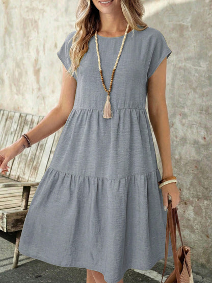 EMERY ROSE Spring/Summer Casual Everyday Outing Faux Linen Green Short Sleeve Round Neck Mid-Length Dress For Women